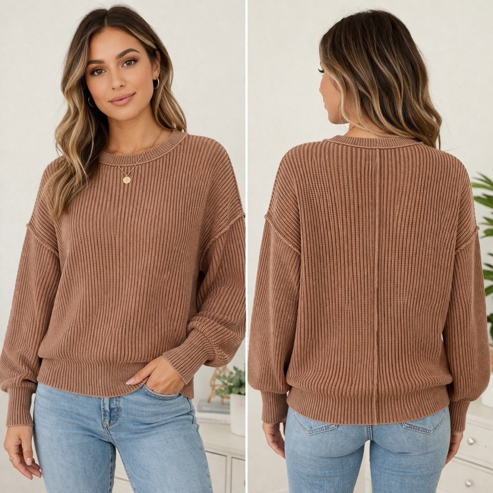 Aerie Ribbed Knit Sweater Balloon Sleeve CrewNeck Brown Cozy Casual Lounge Top M - Picture 1 of 10